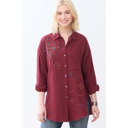 Savani Double Gauze Embroidered Shirt - Radicchio