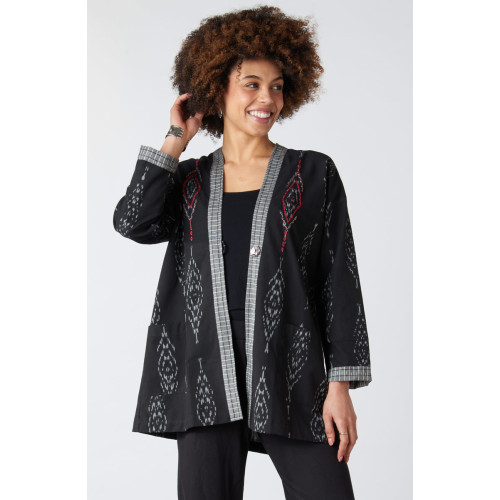 Kanchi Collarless One Button Ikat Jacket - Black