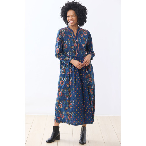 Mitali Long-Sleeve Band Collar Dress - Indigo