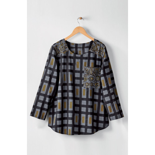 Divya Long-Sleeve Popover Top - Blue/Grey