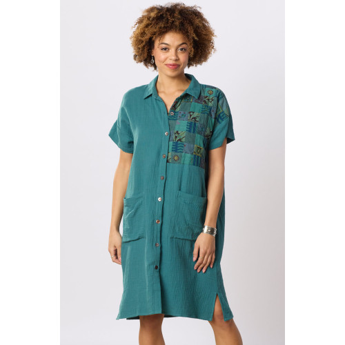 Shireen Cotton Double Gauze Upcycled Patchwork Shirt Dress - Dusty teal/Chindi